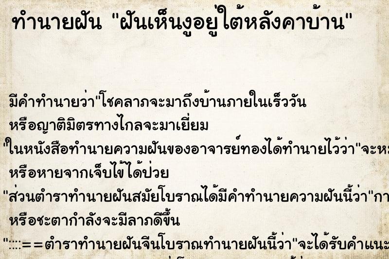 ทำนายฝัน ฝันเห็นงูอยู่ใต้หลังคาบ้าน ทำนายฝัน ฝันเห็นงูอยู่ใต้หลังคาบ้าน