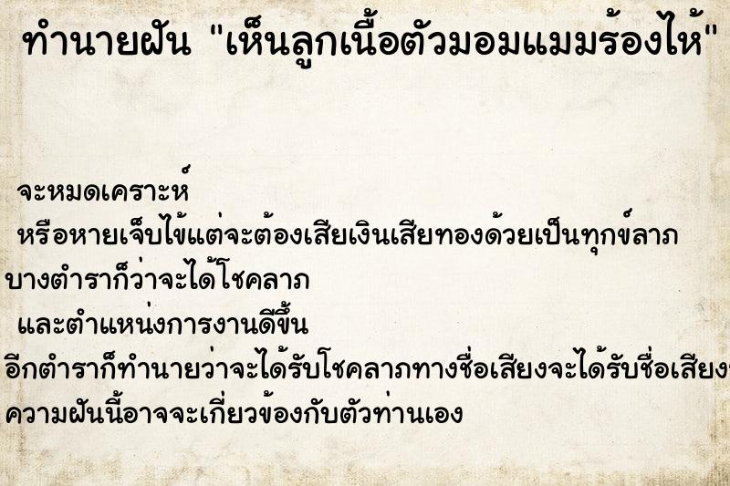 ทำนายฝันเห็นลูกเนื้อตัวมอมแมมร้องไห้ ทำนายฝันทำนายฝันเห็นลูกเนื้อตัวมอมแมมร้องไห้