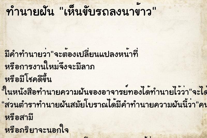 ทำนายฝัน เห็นขับรถลงนาข้าว ทำนายฝัน เห็นขับรถลงนาข้าว