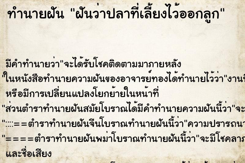 ทำนายฝัน ฝันว่าปลาที่เลี้ยงไว้ออกลูก ทำนายฝัน ฝันว่าปลาที่เลี้ยงไว้ออกลูก
