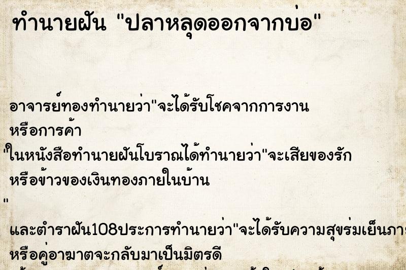 ทำนายฝันปลาหลุดออกจากบ่อ ทำนายฝันทำนายฝันปลาหลุดออกจากบ่อ