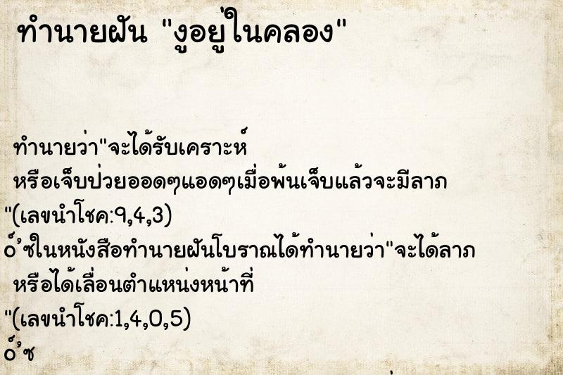ทำนายฝัน งูอยู่ในคลอง ทำนายฝัน งูอยู่ในคลอง