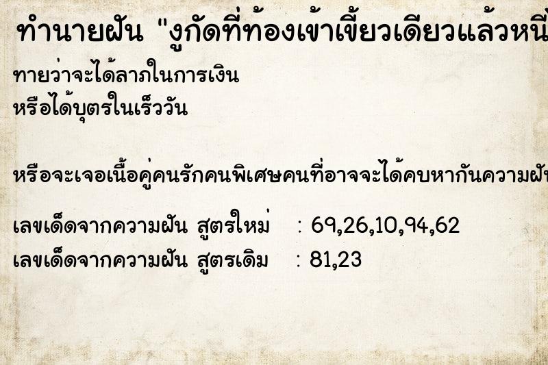 ทำนายฝันงูกัดที่ท้องเข้าเขี้ยวเดียวแล้วหนีไป ทำนายฝันทำนายฝันงูกัดที่ท้องเข้าเขี้ยวเดียวแล้วหนีไป