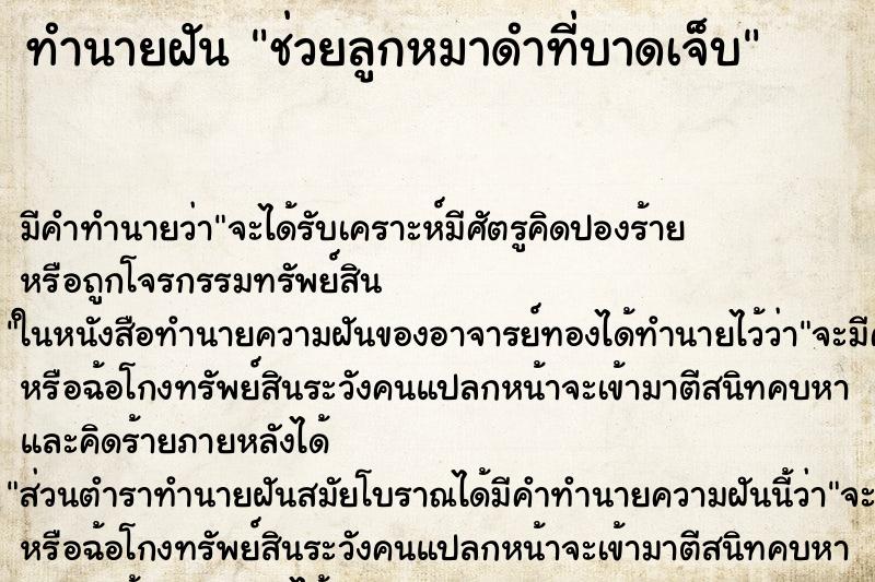 ทำนายฝัน ช่วยลูกหมาดำที่บาดเจ็บ ทำนายฝัน ช่วยลูกหมาดำที่บาดเจ็บ