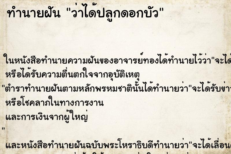 ทำนายฝัน ว่าได้ปลูกดอกบัว ทำนายฝัน ว่าได้ปลูกดอกบัว