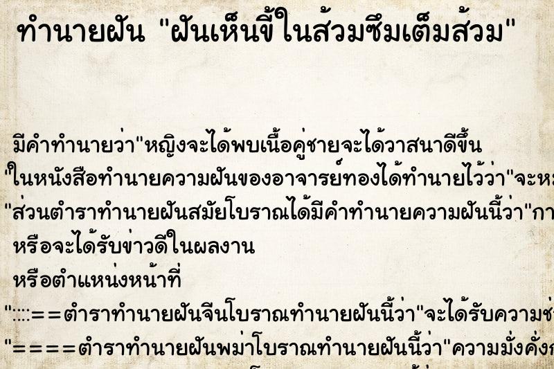 ทำนายฝันฝันเห็นขี้ในส้วมซึมเต็มส้วม ทำนายฝันทำนายฝันฝันเห็นขี้ในส้วมซึมเต็มส้วม