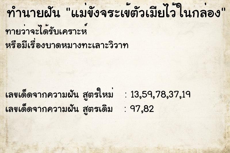 ทำนายฝันทำนายฝันแม่ขังจระเข้ตัวเมียไว้ในกล่อง