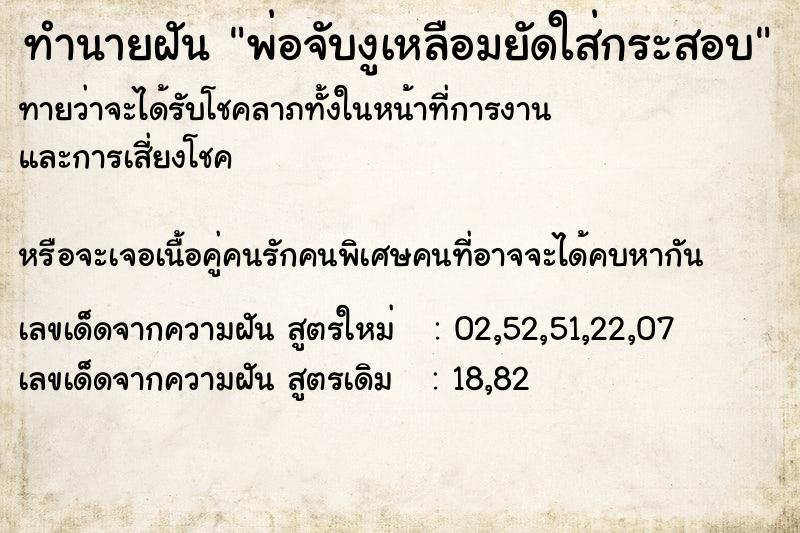 ทำนายฝันพ่อจับงูเหลือมยัดใส่กระสอบ ทำนายฝันทำนายฝันพ่อจับงูเหลือมยัดใส่กระสอบ