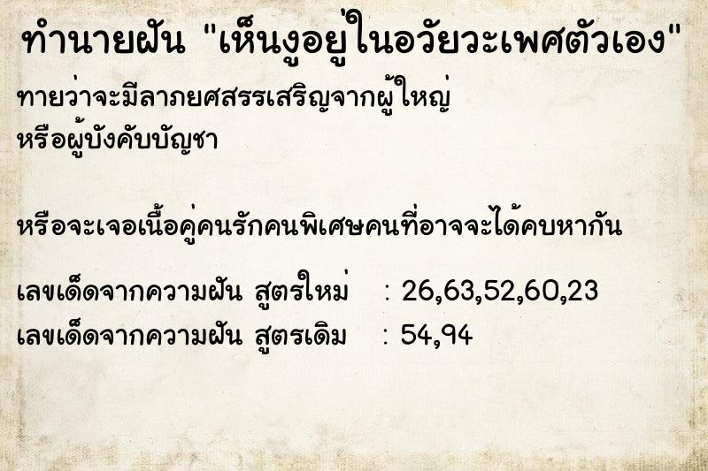 ทำนายฝันเห็นงูอยู่ในอวัยวะเพศตัวเอง ทำนายฝันทำนายฝันเห็นงูอยู่ในอวัยวะเพศตัวเอง