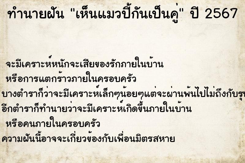 ทำนายฝัน เห็นแมวปี้กันเป็นคู่ ตำราโบราณ แม่นที่สุดในโลก