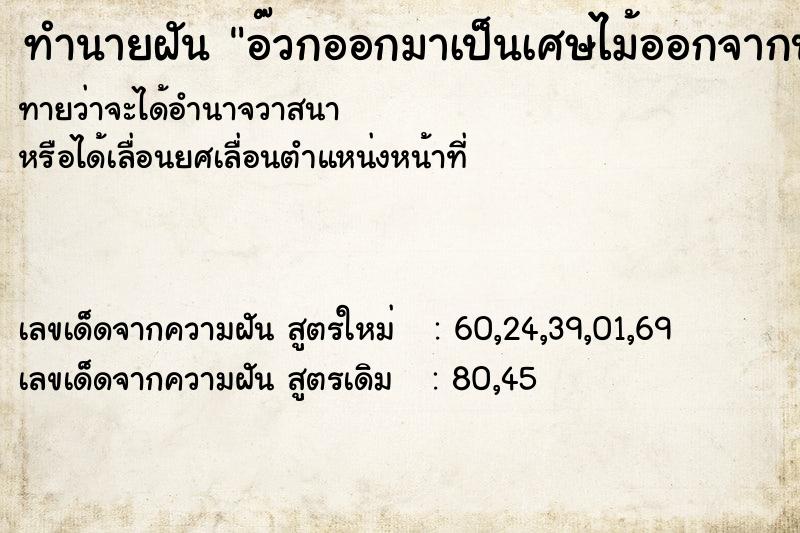 ทำนายฝันอ๊วกออกมาเป็นเศษไม้ออกจากปาก ทำนายฝันทำนายฝันอ๊วกออกมาเป็นเศษไม้ออกจากปาก