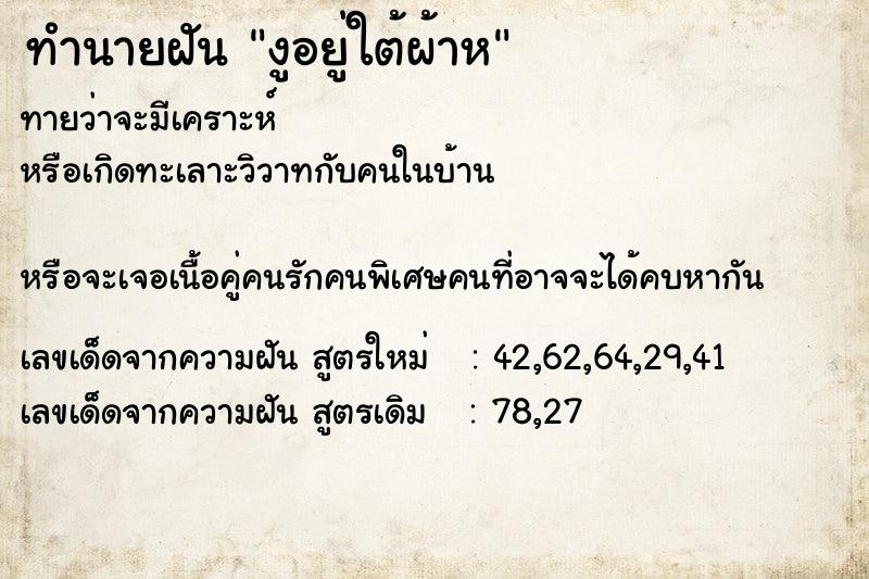ทำนายฝัน งูอยู่ใต้ผ้าห ทำนายฝัน งูอยู่ใต้ผ้าห