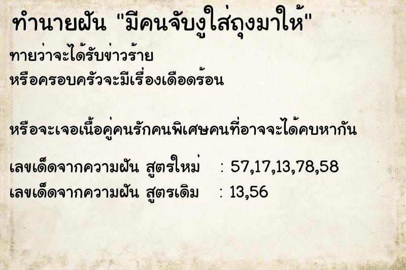 ทำนายฝันทำนายฝันมีคนจับงูใส่ถุงมาให้