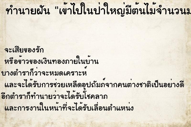 ทำนายฝัน เข้าไปในป่าใหญ่มีต้นไม้จำนวนมาก ทำนายฝัน เข้าไปในป่าใหญ่มีต้นไม้จำนวนมาก