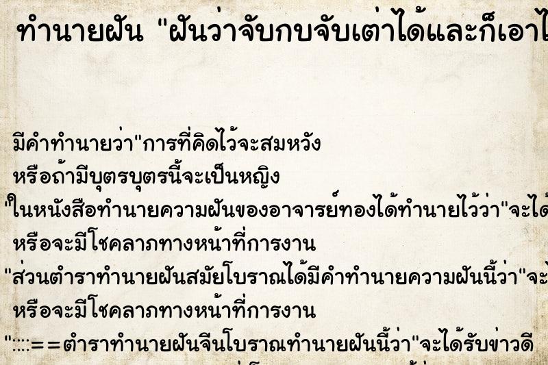 ทำนายฝัน ฝันว่าจับกบจับเต่าได้และก็เอาไปปล่อย ทำนายฝัน ฝันว่าจับกบจับเต่าได้และก็เอาไปปล่อย