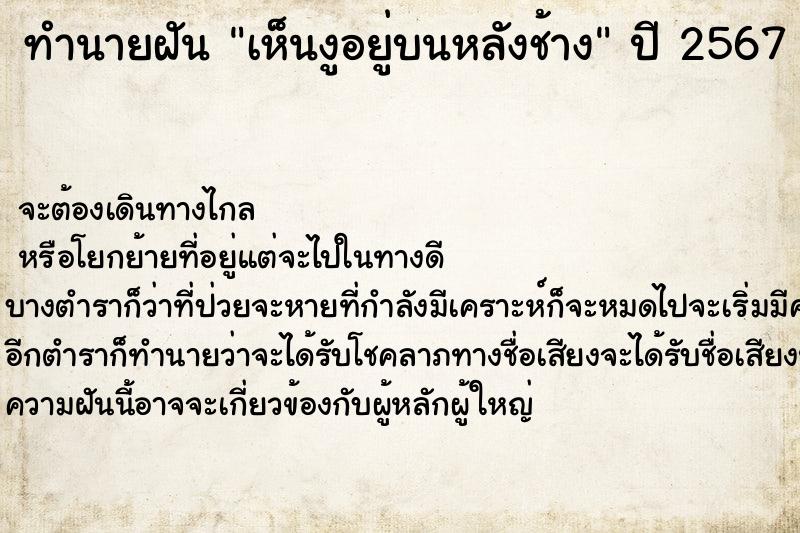 ทำนายฝันเห็นงูอยู่บนหลังช้าง ทำนายฝันทำนายฝันเห็นงูอยู่บนหลังช้าง