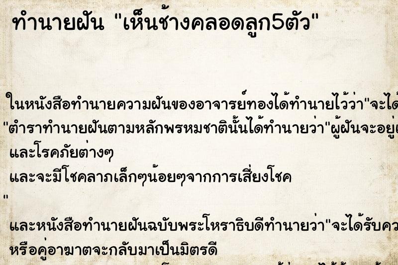 ทำนายฝัน เห็นช้างคลอดลูก5ตัว ทำนายฝัน เห็นช้างคลอดลูก5ตัว