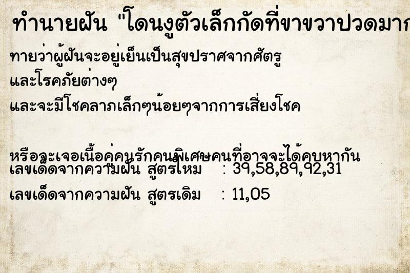 ทำนายฝันทำนายฝันโดนงูตัวเล็กกัดที่ขาขวาปวดมาก