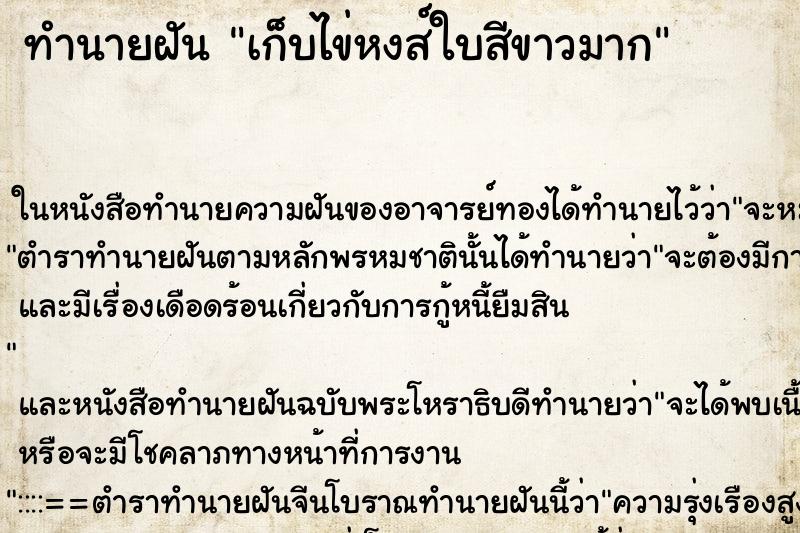 ทำนายฝัน เก็บไข่หงส์ใบสีขาวมาก ทำนายฝัน เก็บไข่หงส์ใบสีขาวมาก