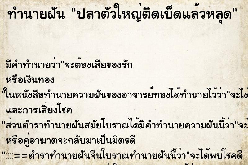 ทำนายฝันปลาตัวใหญ่ติดเบ็ดแล้วหลุด ทำนายฝันทำนายฝันปลาตัวใหญ่ติดเบ็ดแล้วหลุด