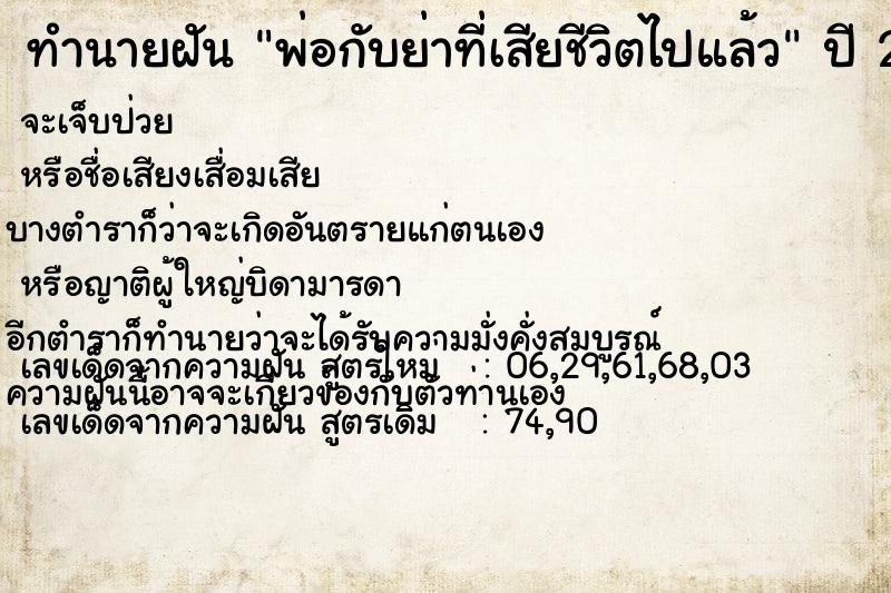 ทำนายฝันพ่อกับย่าที่เสียชีวิตไปแล้ว ทำนายฝันทำนายฝันพ่อกับย่าที่เสียชีวิตไปแล้ว