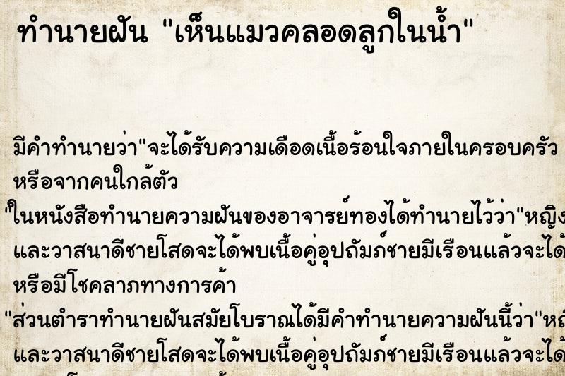 ทำนายฝัน เห็นแมวคลอดลูกในน้ำ ตำราโบราณ แม่นที่สุดในโลก