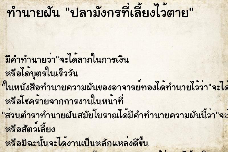 ทำนายฝัน ปลามังกรที่เลี้ยงไว้ตาย ตำราโบราณ แม่นที่สุดในโลก