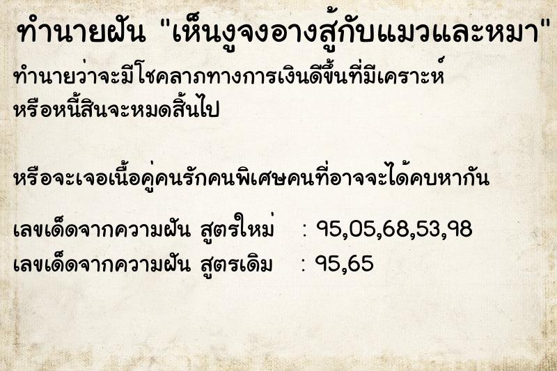 ทำนายฝันเห็นงูจงอางสู้กับแมวและหมา ทำนายฝันทำนายฝันเห็นงูจงอางสู้กับแมวและหมา
