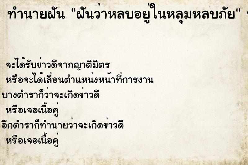 ทำนายฝัน ฝันว่าหลบอยู่ในหลุมหลบภัย ทำนายฝัน ฝันว่าหลบอยู่ในหลุมหลบภัย