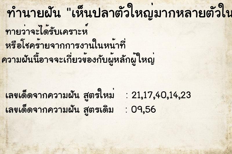 ทำนายฝันเห็นปลาตัวใหญ่มากหลายตัวในสระน้ำ ทำนายฝันทำนายฝันเห็นปลาตัวใหญ่มากหลายตัวในสระน้ำ