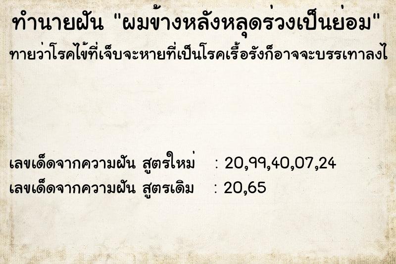 ทำนายฝันผมข้างหลังหลุดร่วงเป็นย่อม ทำนายฝันทำนายฝันผมข้างหลังหลุดร่วงเป็นย่อม