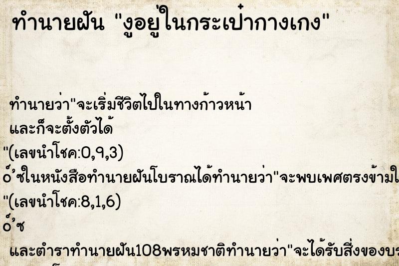ทำนายฝัน งูอยู่ในกระเป๋ากางเกง
