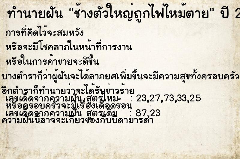ทำนายฝันช้างตัวใหญ่ถูกไฟไหม้ตาย ทำนายฝันทำนายฝันช้างตัวใหญ่ถูกไฟไหม้ตาย
