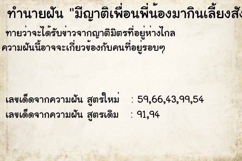 ทำนายฝันมีญาติเพื่อนพี่น้องมากินเลี้ยงสังสรรค์กัน ทำนายฝันทำนายฝันมีญาติเพื่อนพี่น้องมากินเลี้ยงสังสรรค์กัน