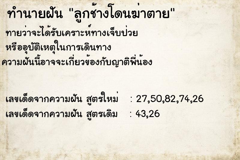 ทำนายฝัน ลูกช้างโดนฆ่าตาย ทำนายฝัน ลูกช้างโดนฆ่าตาย