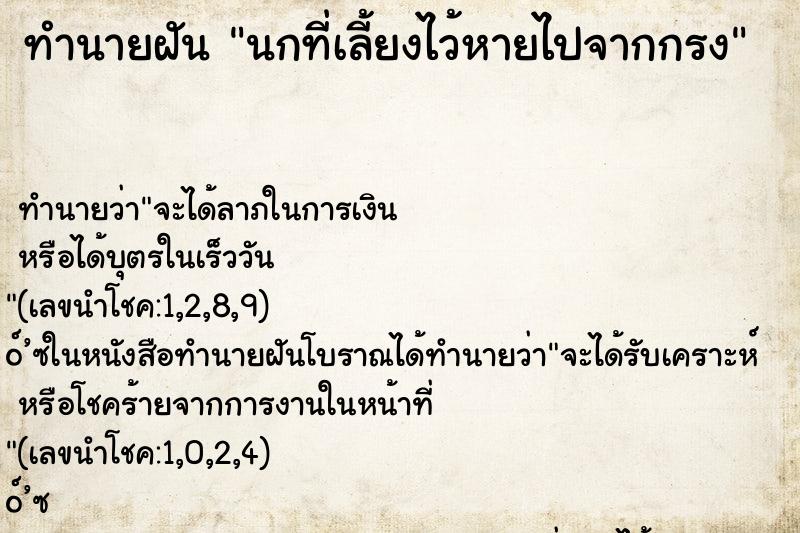 ทำนายฝันนกที่เลี้ยงไว้หายไปจากกรง ทำนายฝันทำนายฝันนกที่เลี้ยงไว้หายไปจากกรง