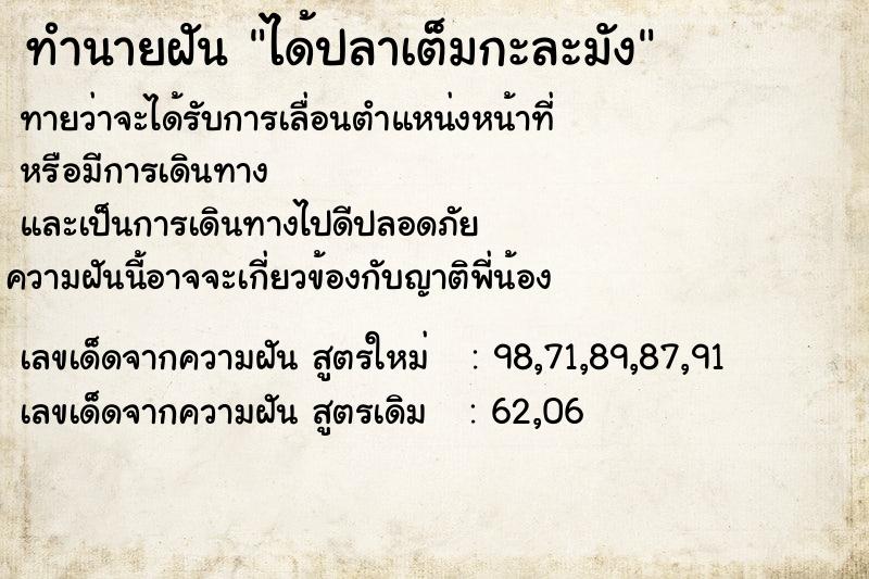 ทำนายฝันได้ปลาเต็มกะละมัง ทำนายฝันทำนายฝันได้ปลาเต็มกะละมัง