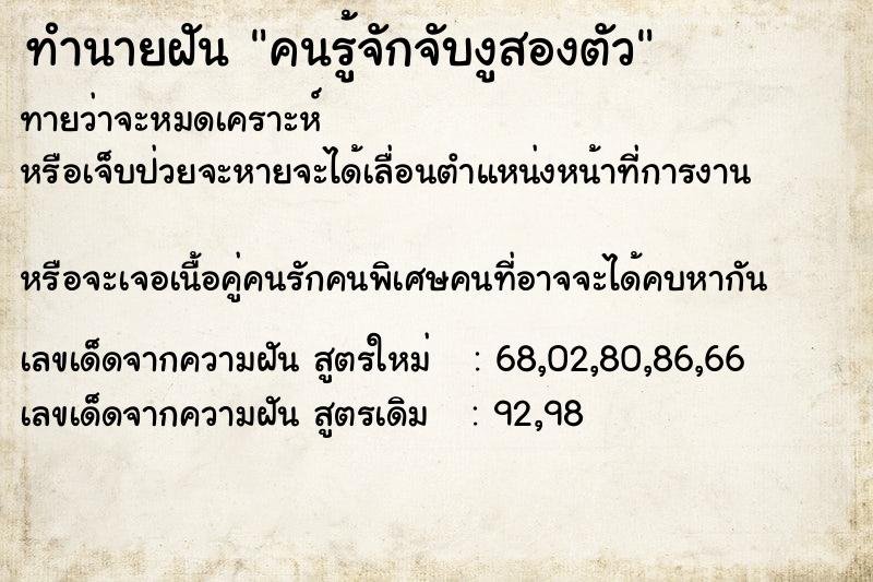 ทำนายฝันคนรู้จักจับงูสองตัว ทำนายฝันทำนายฝันคนรู้จักจับงูสองตัว