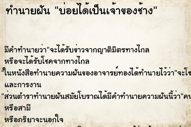 ทำนายฝันทำนายฝันบ่อยได้เป็นเจ้าของช้าง