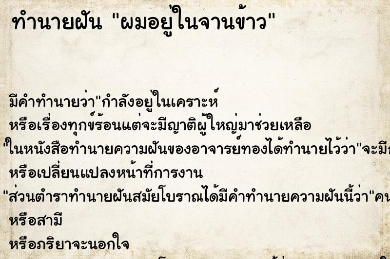ทำนายฝันผมอยู่ในจานข้าว ทำนายฝันทำนายฝันผมอยู่ในจานข้าว