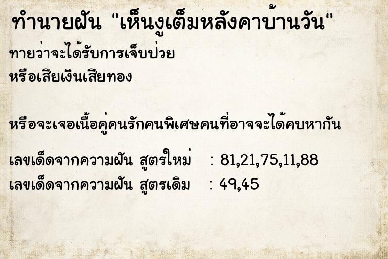 ทำนายฝันทำนายฝันเห็นงูเต็มหลังคาบ้านวัน