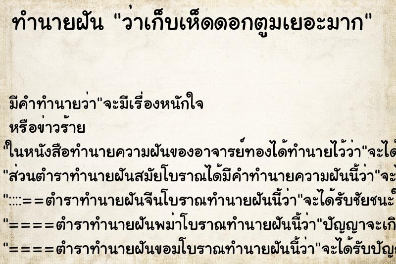 ทำนายฝัน ว่าเก็บเห็ดดอกตูมเยอะมาก ทำนายฝัน ว่าเก็บเห็ดดอกตูมเยอะมาก