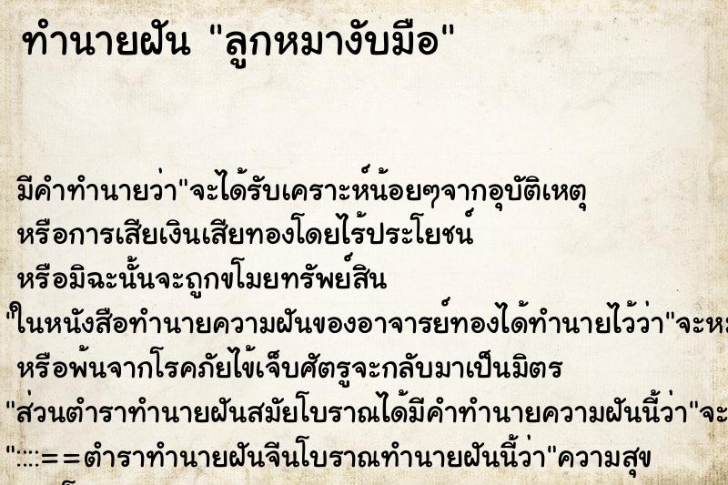 ทำนายฝัน ลูกหมางับมือ ทำนายฝัน ลูกหมางับมือ