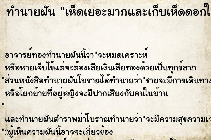 ทำนายฝัน เห็ดเยอะมากและเก็บเห็ดดอกใหญ่ ทำนายฝัน เห็ดเยอะมากและเก็บเห็ดดอกใหญ่