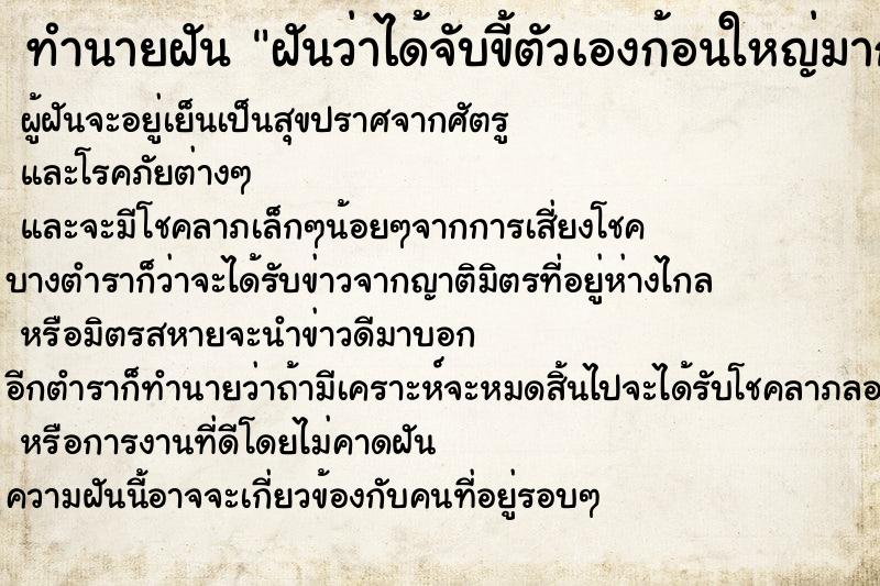 ทำนายฝันฝันว่าได้จับขี้ตัวเองก้อนใหญ่มาก ทำนายฝันทำนายฝันฝันว่าได้จับขี้ตัวเองก้อนใหญ่มาก
