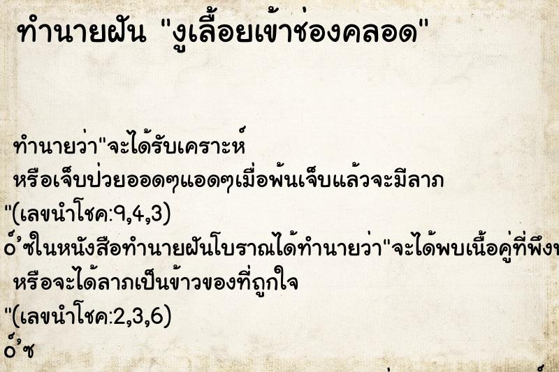 ทำนายฝัน งูเลื้อยเข้าช่องคลอด