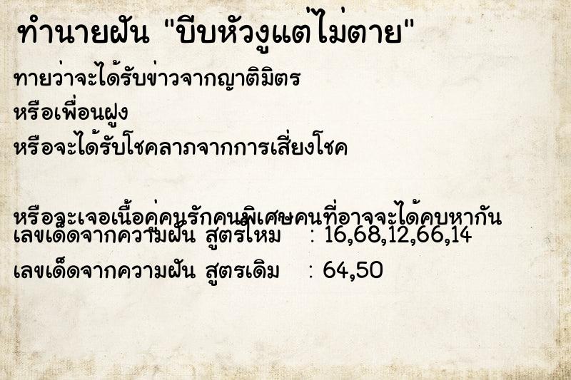 ทำนายฝันบีบหัวงูแต่ไม่ตาย ทำนายฝันทำนายฝันบีบหัวงูแต่ไม่ตาย
