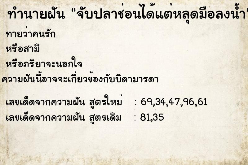 ทำนายฝัน จับปลาช่อนได้แต่หลุดมือลงน้ำ ทำนายฝัน จับปลาช่อนได้แต่หลุดมือลงน้ำ