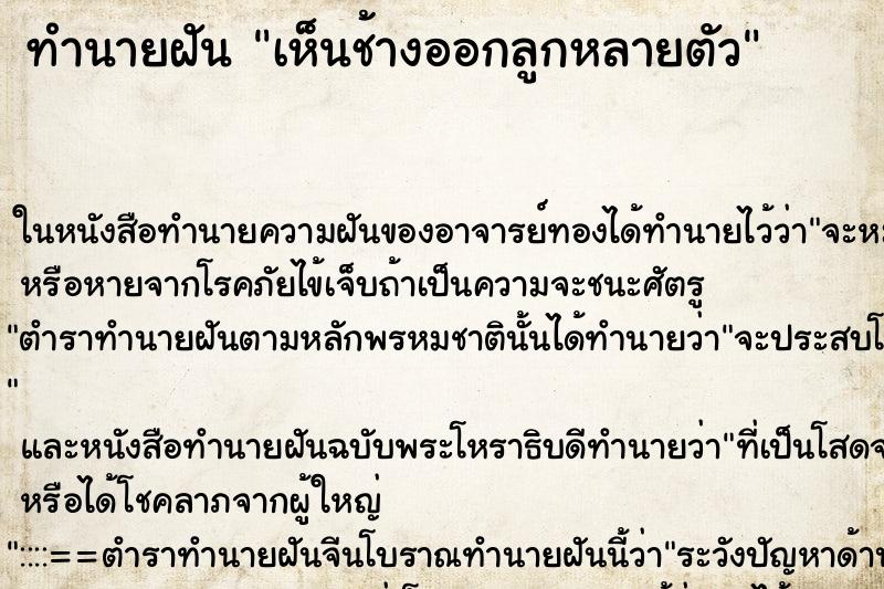 ทำนายฝันเห็นช้างออกลูกหลายตัว ทำนายฝันทำนายฝันเห็นช้างออกลูกหลายตัว