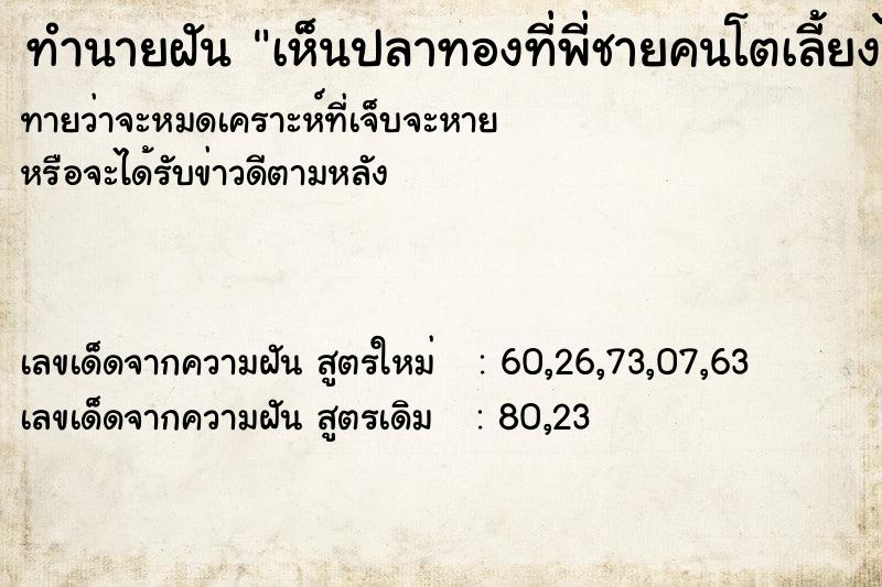 ทำนายฝันเห็นปลาทองที่พี่ชายคนโตเลี้ยงไว้สิบกว่าตัว ทำนายฝันทำนายฝันเห็นปลาทองที่พี่ชายคนโตเลี้ยงไว้สิบกว่าตัว